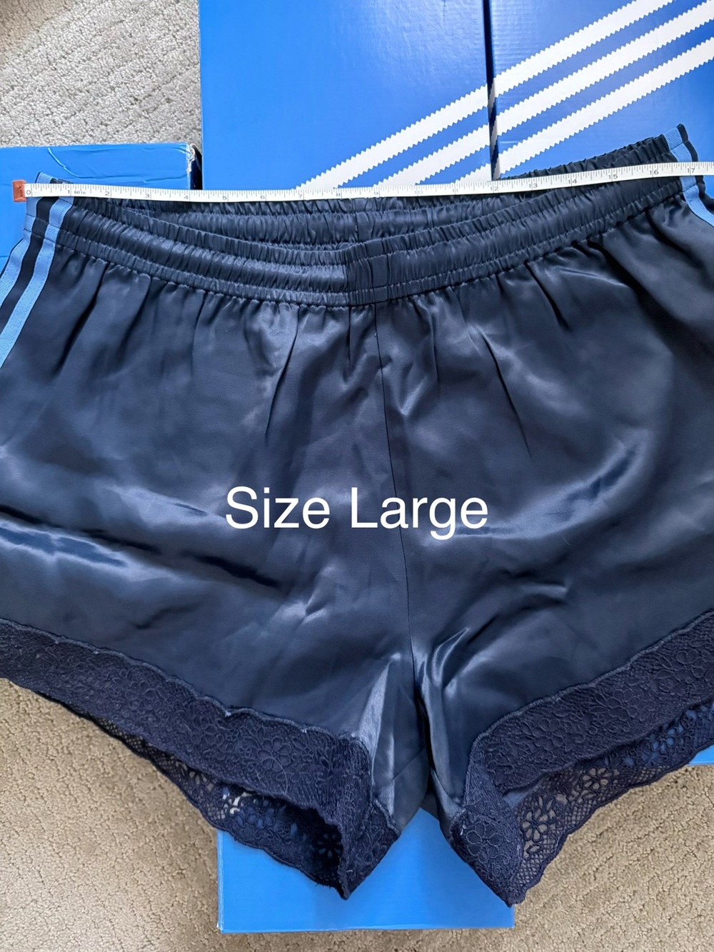 NWT adidas Originals × ASOS lace hem shorts in pale blue satin - Picture 13 of 13
